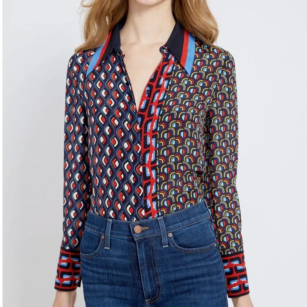 Alice + Olivia Silk Willa Collar Placket Button Down Blouse XS Mod Moon Multi